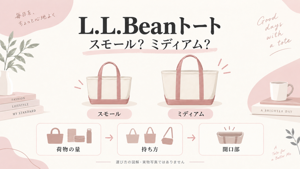L.L.Beanトートのスモールとミディアムを、荷物の量・持ち方・開口部から選ぶ図解（実物写真ではありません）